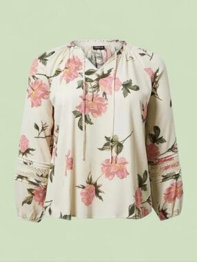 Torrid Floral Tie-Neck Long Sleeve Blouse, Floral Cream 2x